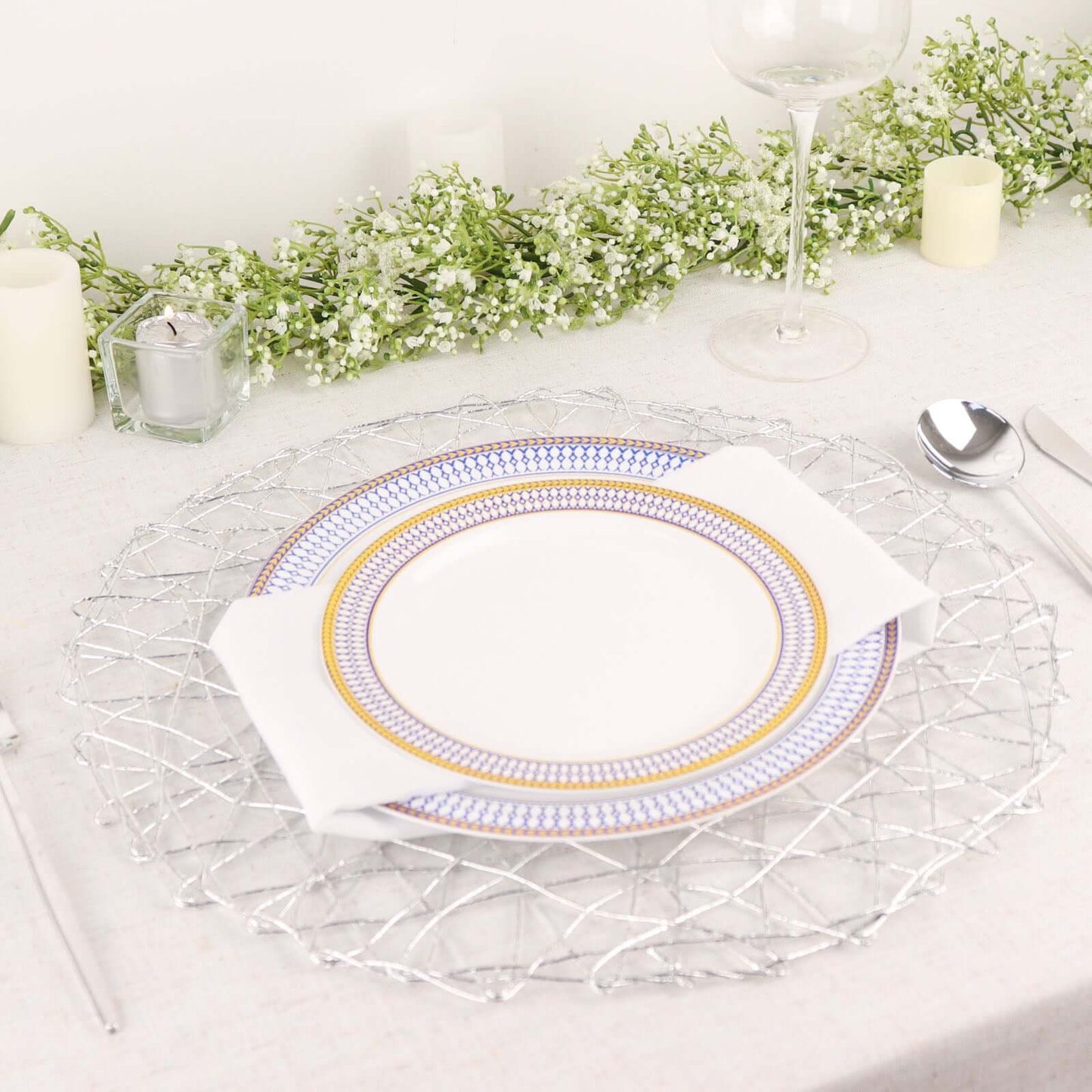6-Pack Table Placemats Woven Fiber Design Silver Round - Disposable Mats for Dining and Events 15"