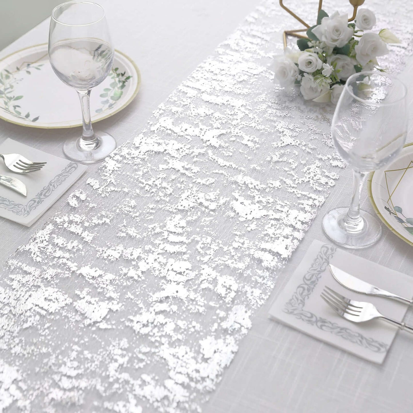 Mesh Polyester 108" Table Runner Roll Metallic Silver - Distressed Foil Look Disposable Table Decor