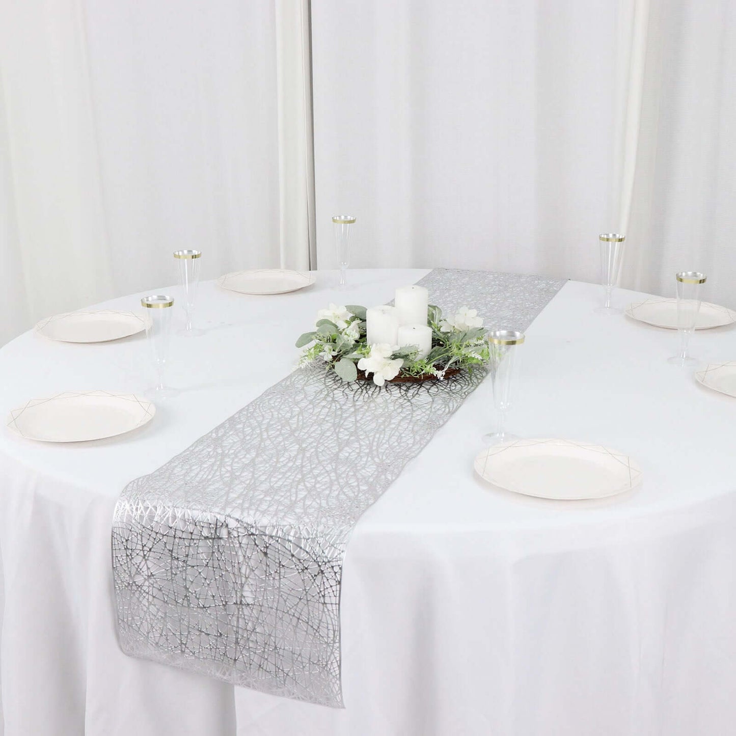 Plastic Woven Vinyl 13"x6ft Table Runner Metallic Silver - Non-Slip & Reversible Tabletop Decor