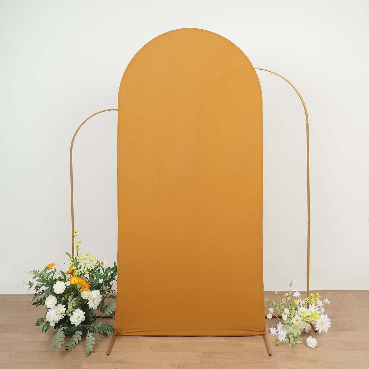 7ft Matte Gold Spandex Fitted Chiara Backdrop Stand Cover For Round Top Wedding Arch