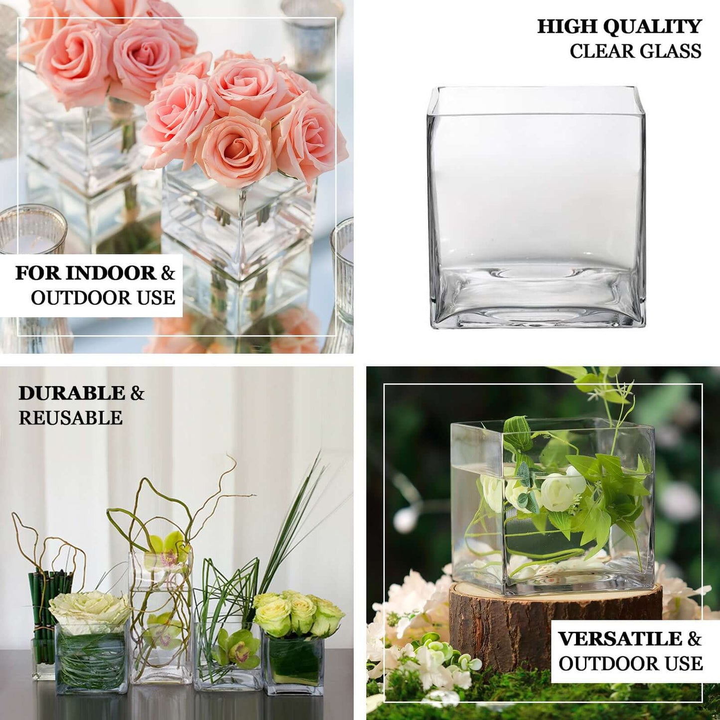 Glass Flower Vase Square Design Heavy Duty Clear - Premium Table Centerpiece for Events 4"