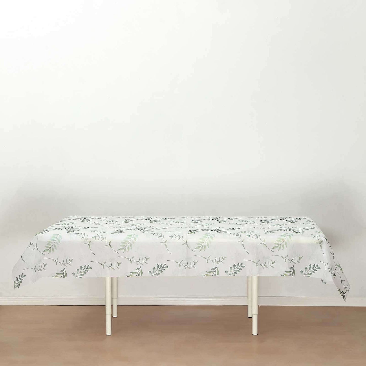 Non-Woven Tablecloth Rectangle White/Green with Olive Leaves Print - Perfect Disposable Table Cover for Summer 60"x102"