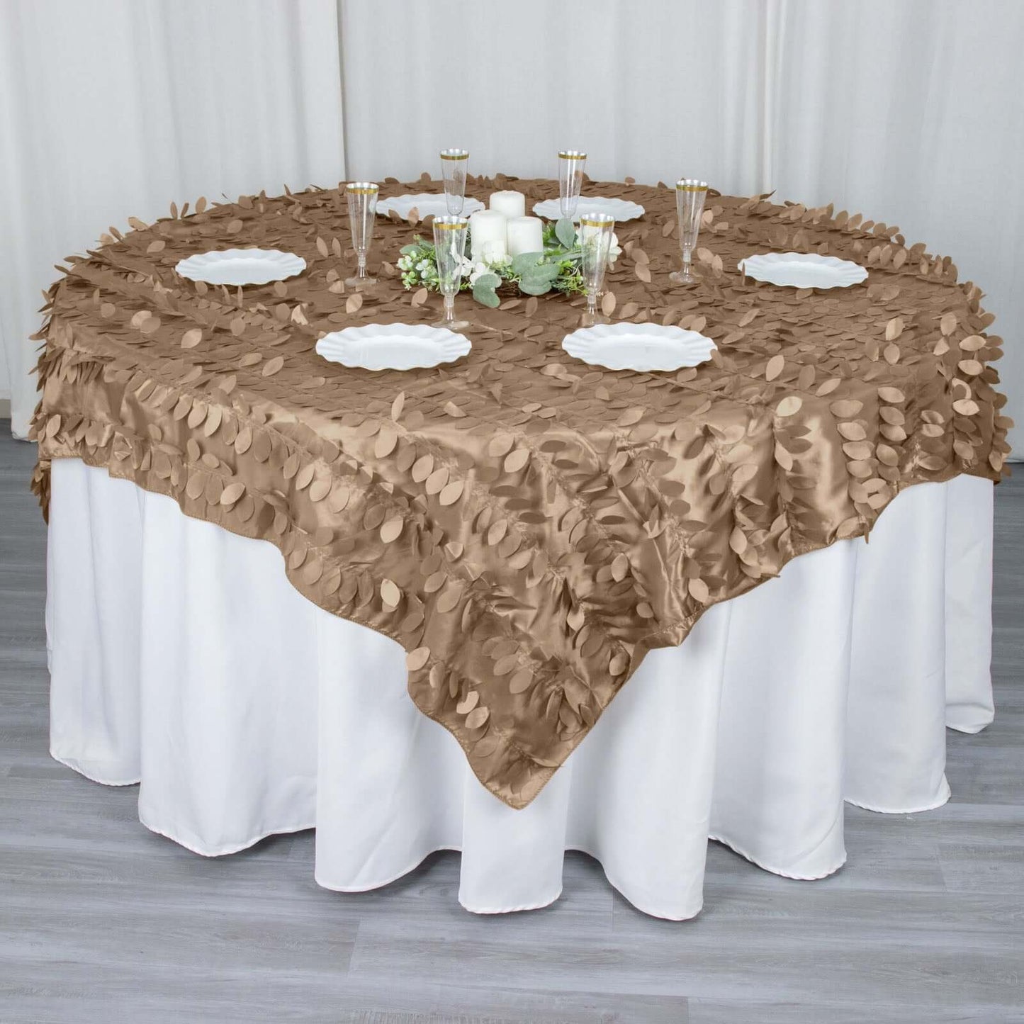 Taffeta 72"x72" Table Overlay Square Tablecloth Taupe - 3D Leaf Petal Table Cover