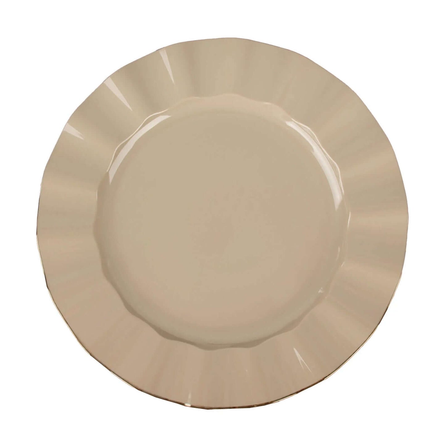 10-Pack Plastic 9" Round Dinner Plates in Taupe Ruffled Rim with Gold Edging - Sturdy Disposable Dinnerware