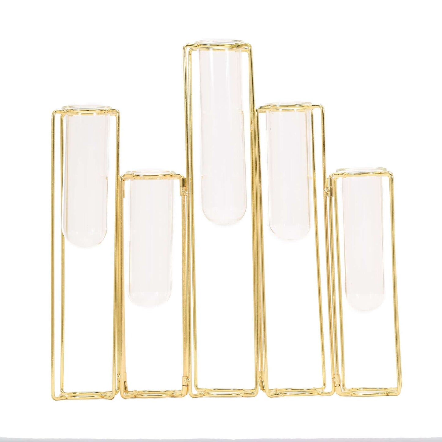 Set of 5 Wedding Centerpieces Gold Frame Conjoined Geometric Design - Test Tube Hydroponic Vases 12"