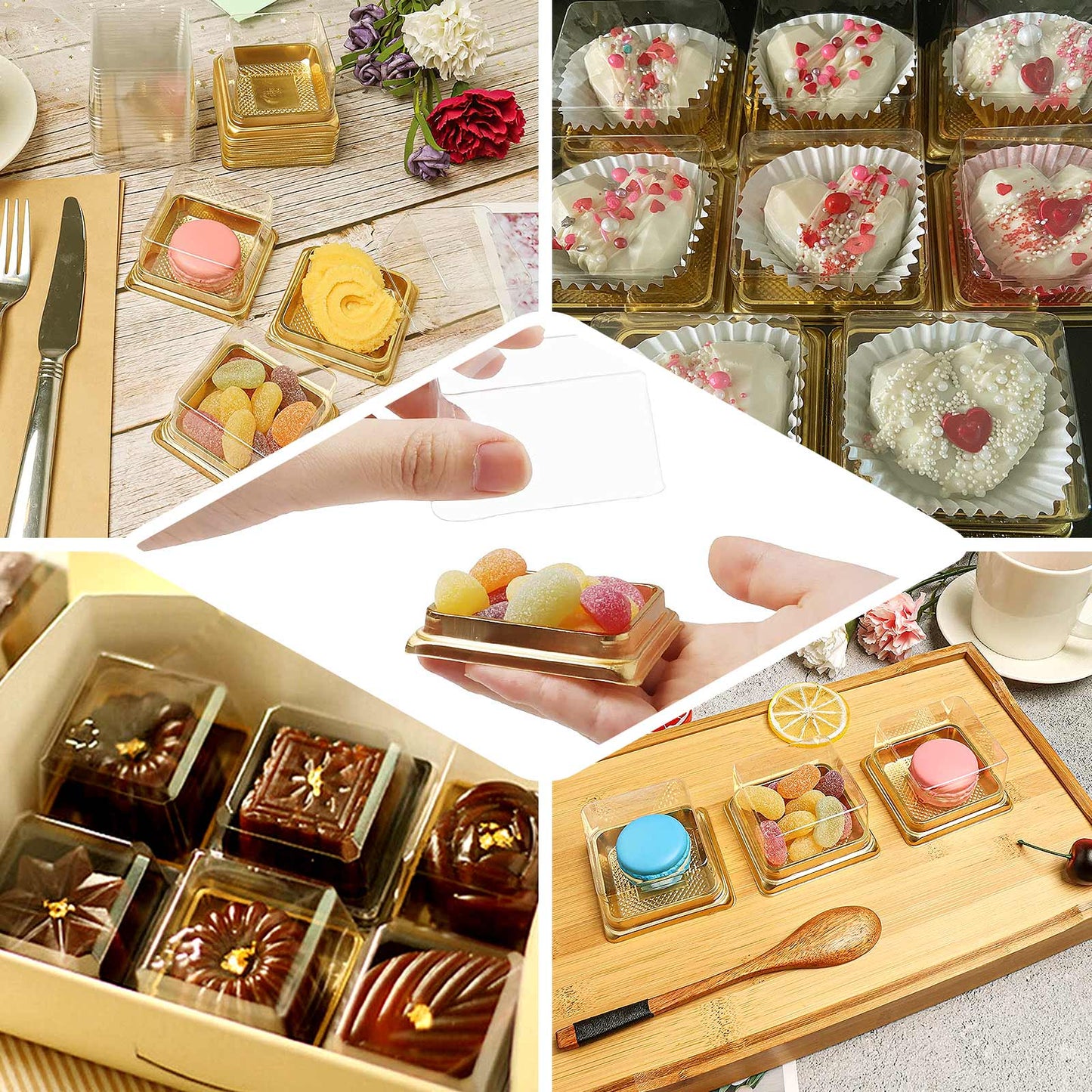 50-Pack Favor Containers Square Design Gold and Clear - Plastic Party Boxes for Cupcakes and Desserts 3"