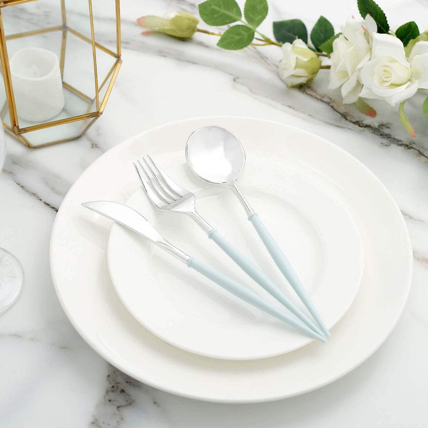 24-Pack Plastic Flatware Set in Silver with Light Blue Handle - Heavy Duty Disposable Modern Silverware 8"