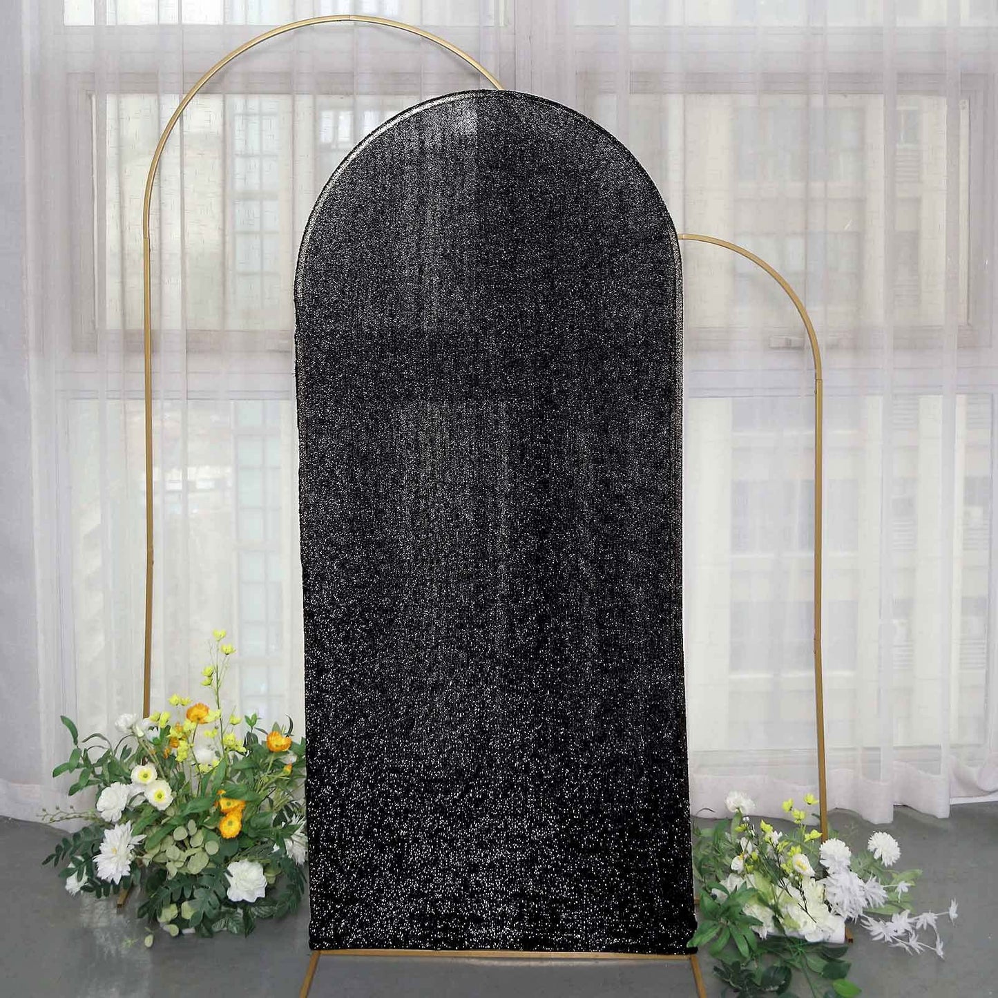 6ft Black Shimmer Tinsel Spandex Chiara Backdrop Stand Cover For Fitted Round Top Wedding Arch