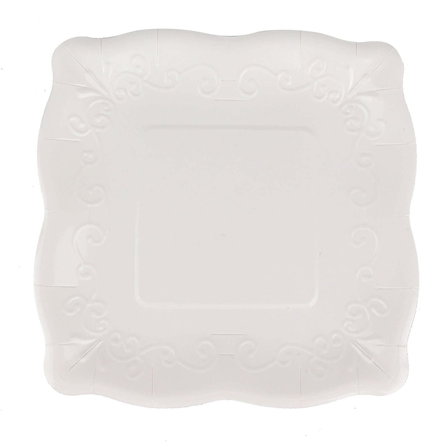 25-Pack Paper 11" Square Dinner Plates in White with Vintage Pottery Embossed Design - Shiny Disposable Serving Plates
