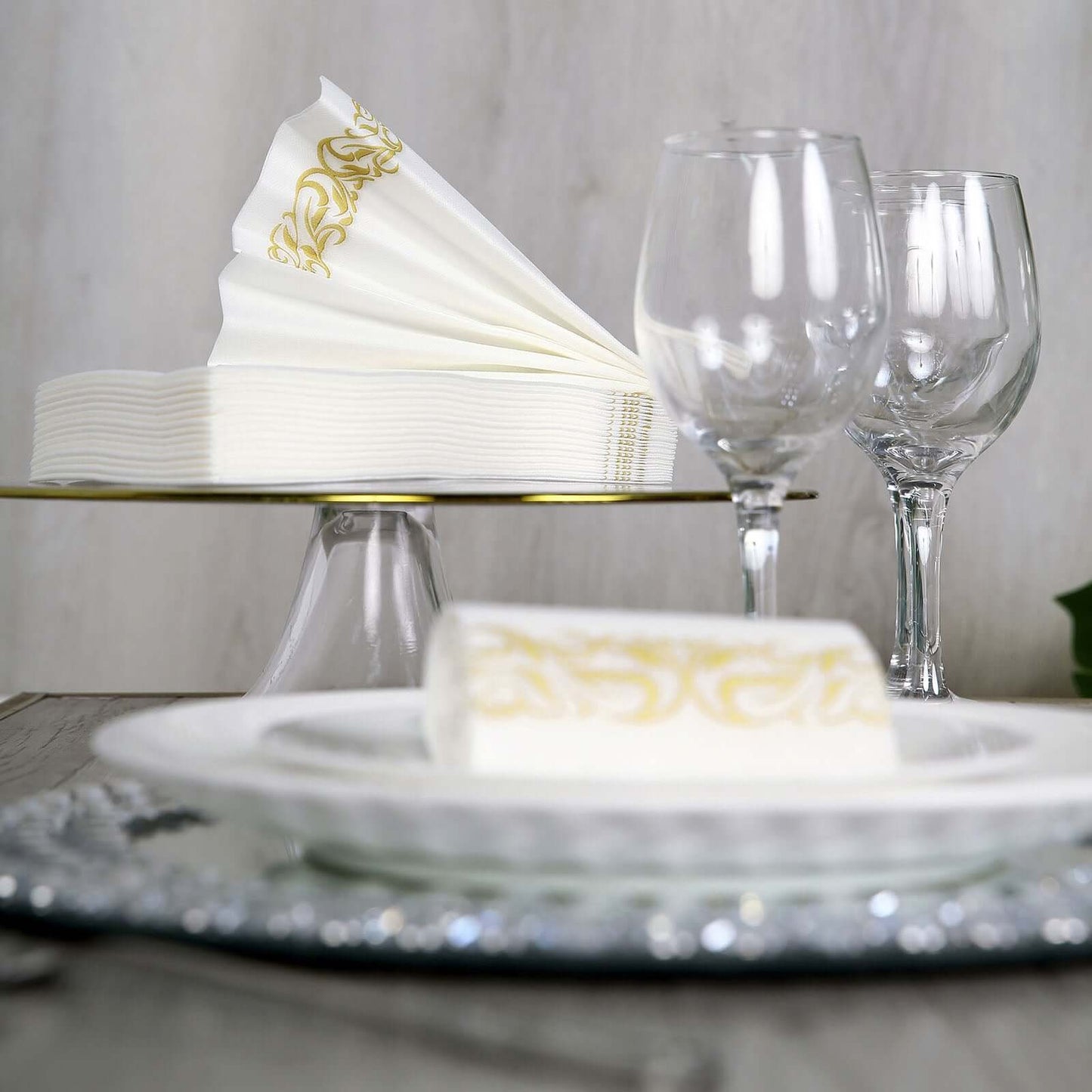 25 Pack Linen-Like Paper 8"x4" Napkins White with Metallic Gold Foil Scroll Design - Soft & Absorbent Airlaid Hand Towels for Exquisite Weddings & Events