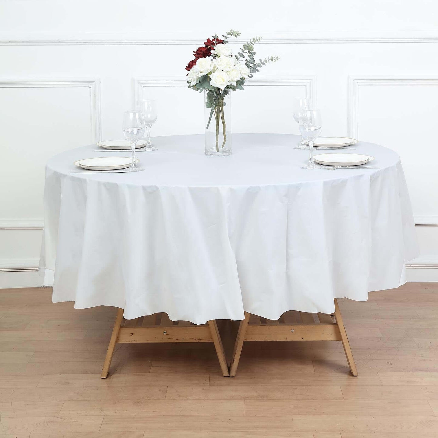 5-Pack Plastic Table Covers White Round - Durable PVC Disposable Tablecloths for Events 84"