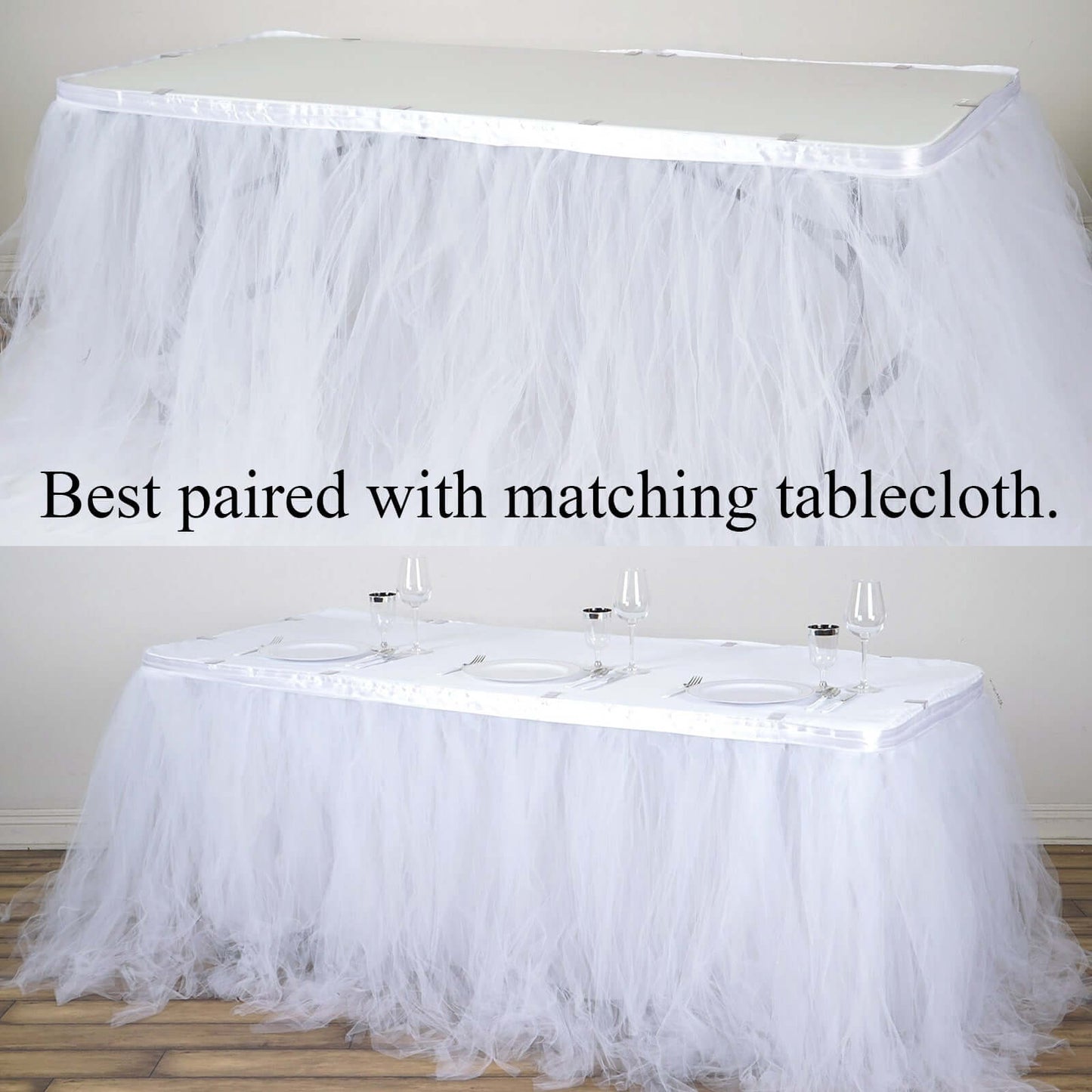 Tulle 14ft Table Skirt White - 4 Layer Pleated Tutu Chic & Soft Event Table Cover