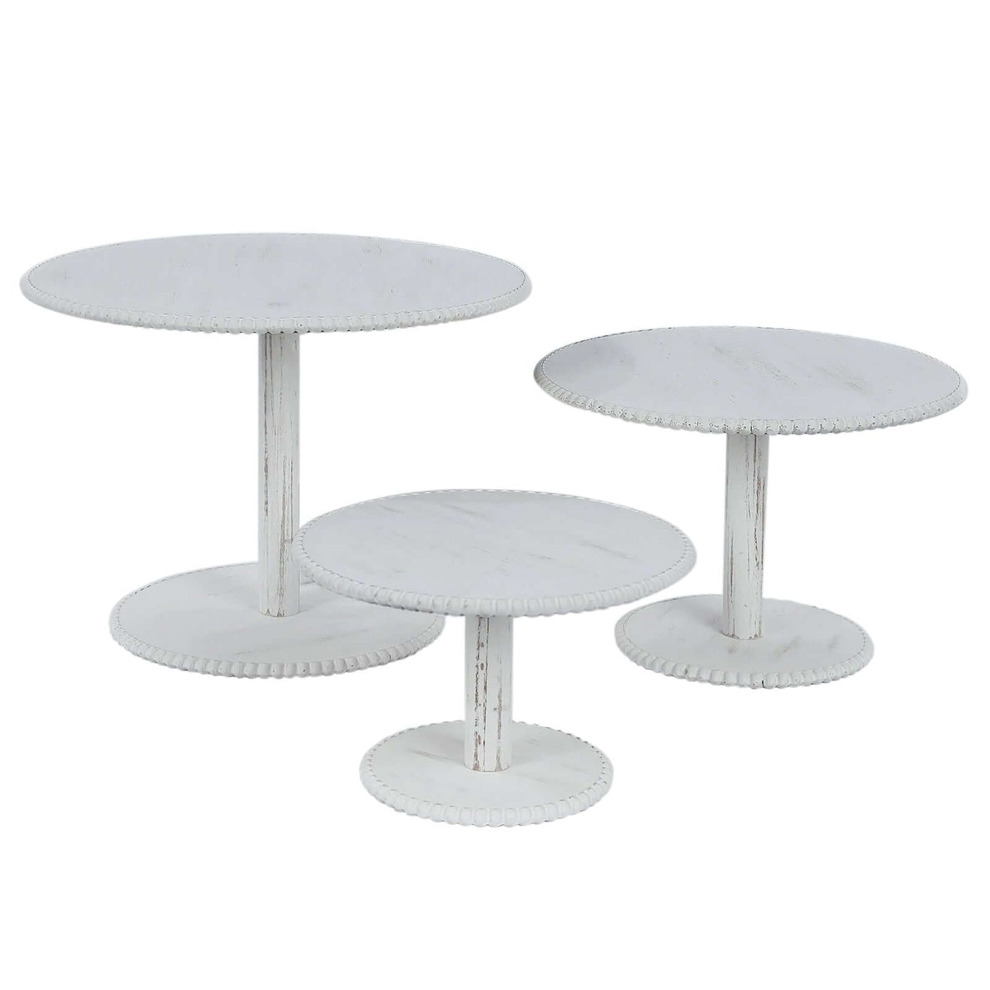 Set of 3 Wooden Pedestal Cake Stands Whitewash with Round Beaded Rim Trays - Stackable Rustic Cupcake Display 8", 10", 12"