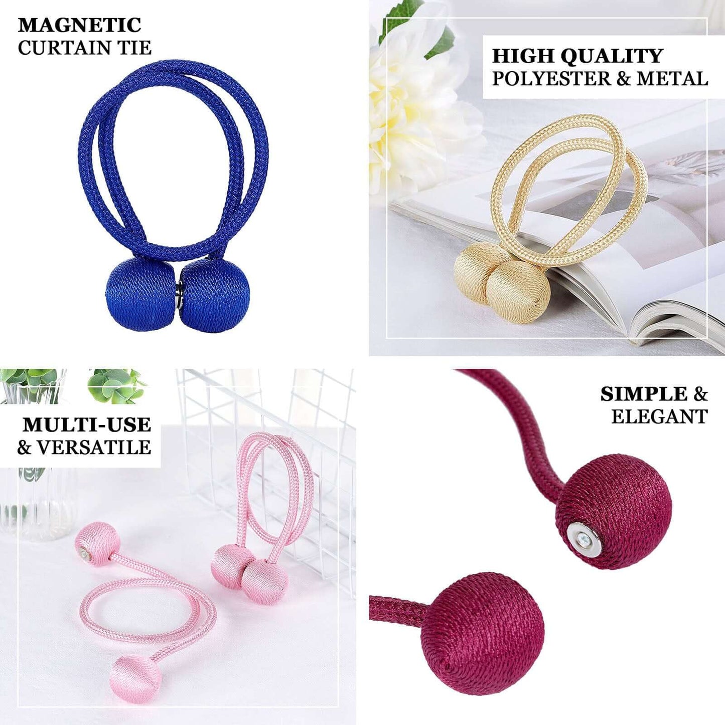 2 Pack Silver Magnetic Curtain Tie Backs For Window Drapes and Backdrop Panels