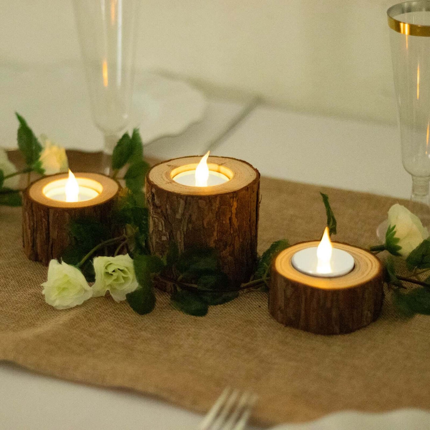 Set of 3 Rustic Wood Slice Votive Candle Holders - Tree Branch Wedding Table DÃ©cor 2.75", 1.5", 1.25"