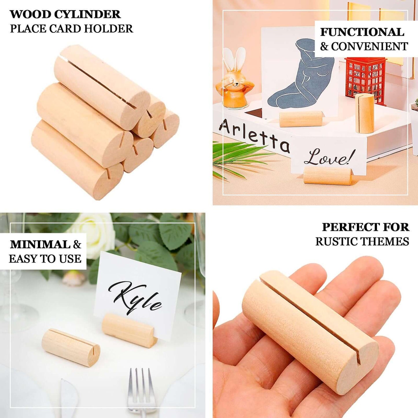 10-Pack Wooden Place Card Holders Farmhouse Cylindrical Design Natural - Rustic Table Number Stands 2"