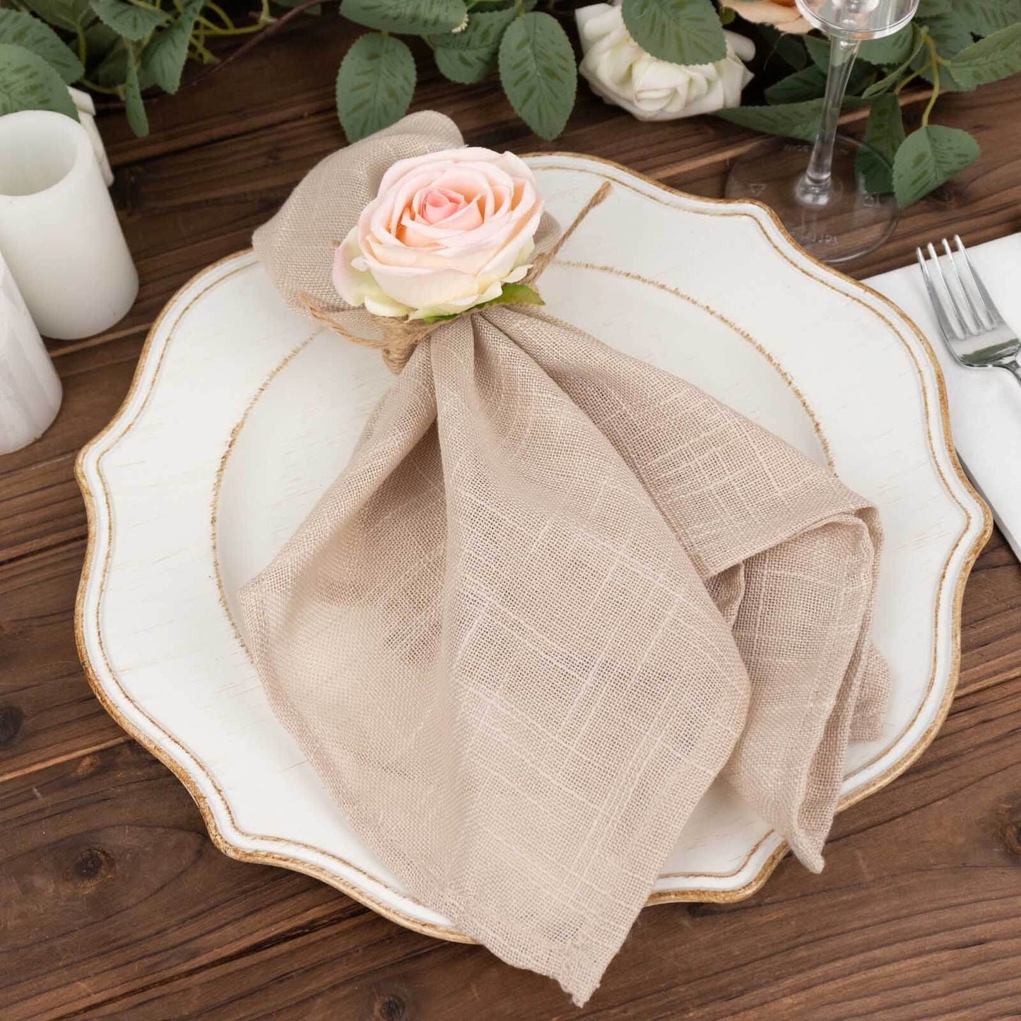 4 Pack Blush Artificial Rose Flower Wooden Napkin Holders, Farmhouse Country Floral Napkin Rings - 4"