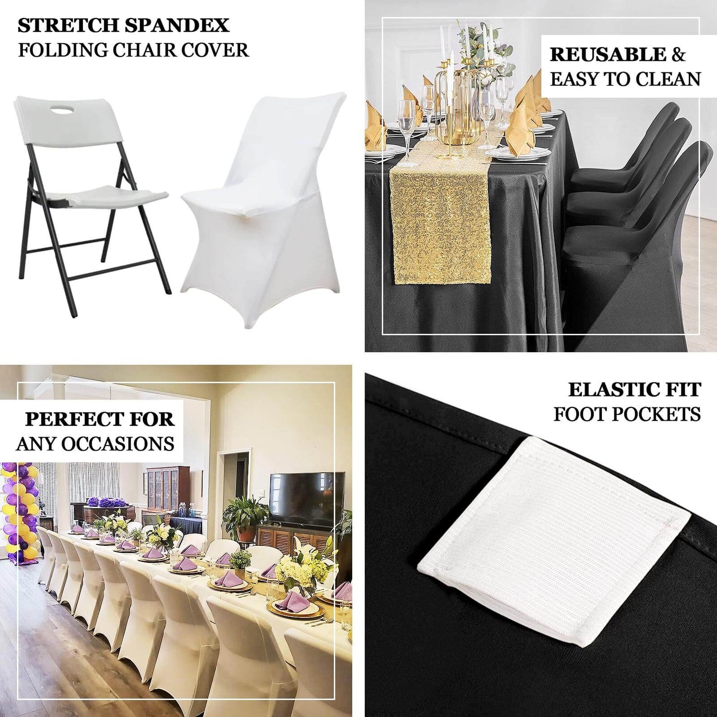 Stretch Spandex Chair Cover Black for Lifetime Folding Chairs - Wrinkle Resistant Snug Fit Slipcover with Foot Pockets