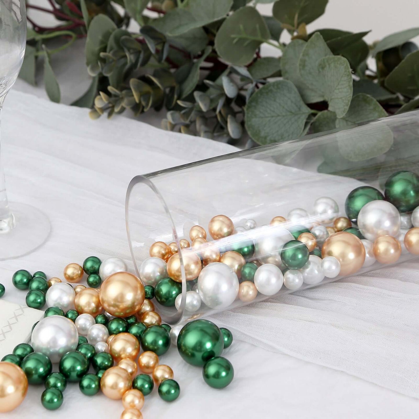 200Pcs Assorted Pearl Beads Vase Fillers in Green, Gold and White - Lustrous DIY Craft Bead Set
