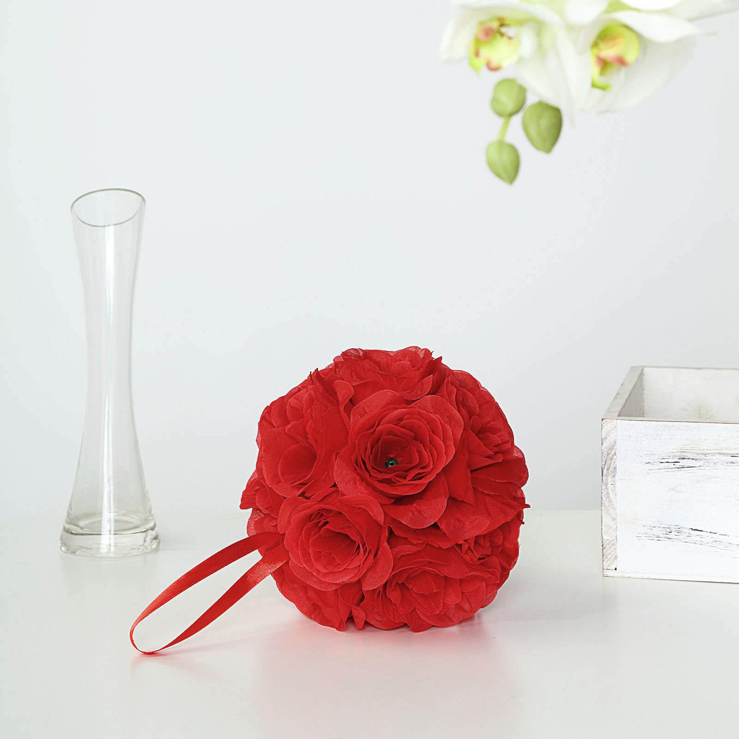 2 Pack 7" Red Artificial Silk Rose Kissing Ball, Faux Flower Ball