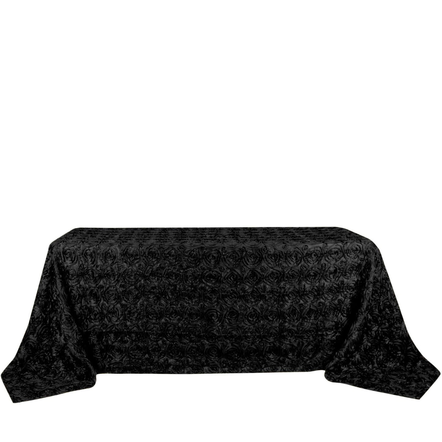 Satin 90"x132" Rectangle Tablecloth Black - Grandiose 3D Rosette Design with Seamless Finish for Graceful Gatherings