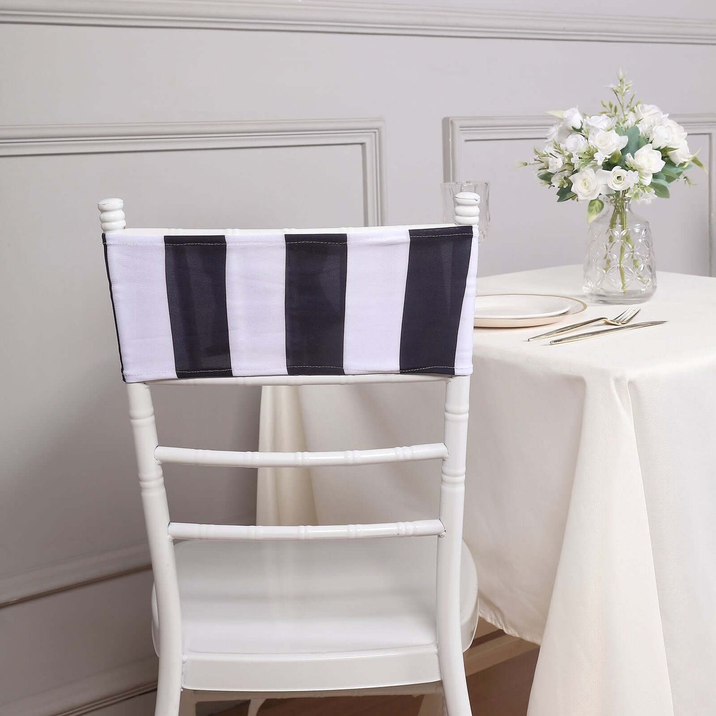 5 Pack Spandex Chair Sashes Black/White Vertical Stripes - Easy to Use & Wrinkle-Free Stretch Chair Bands for Stunning Tablescapes 5"x14"