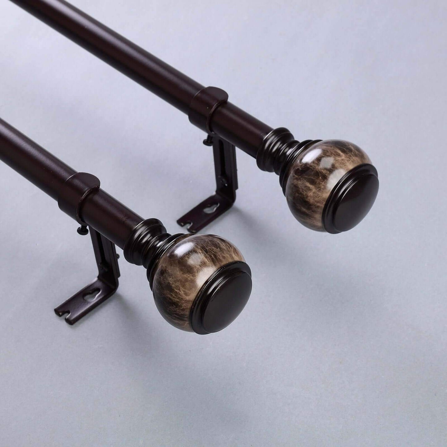 42"-126" Adjustable Curtain Rod Set, Chocolate Brown, Marble Finials