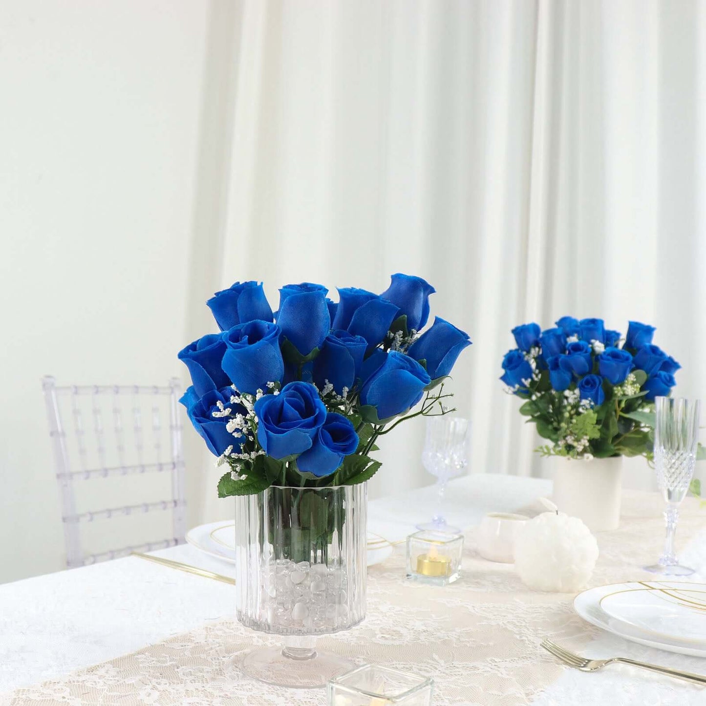 12 Bushes Royal Blue Artificial Premium Silk Flower Rose Bud Bouquets