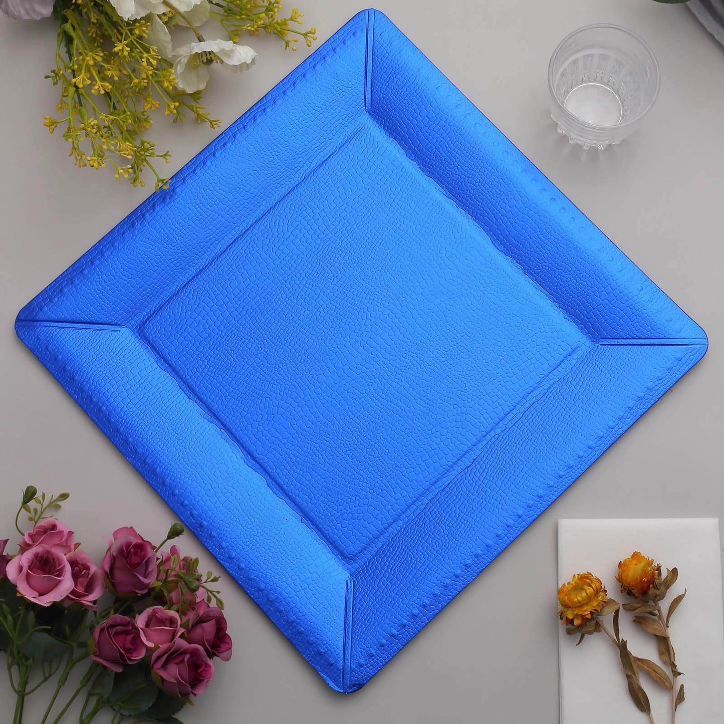 10-Pack Disposable Square Charger Plates in Royal Blue with Leather Like Texture - 1100GSM Durable Paper Chargers 13"