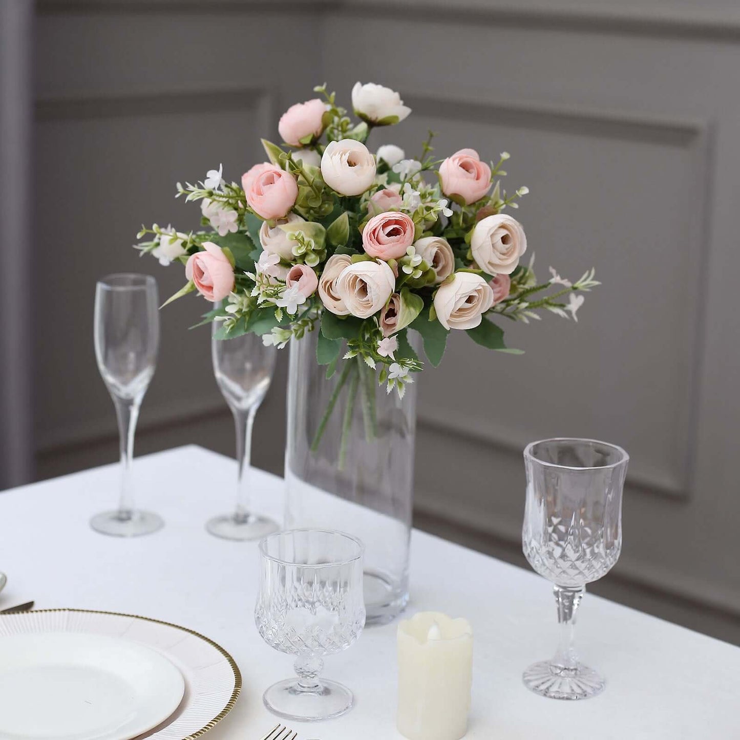 4 Pack 12" Artificial Blush Ranunculus Silk Flower Bridal Bouquets, Faux Buttercup Floral Arrangement