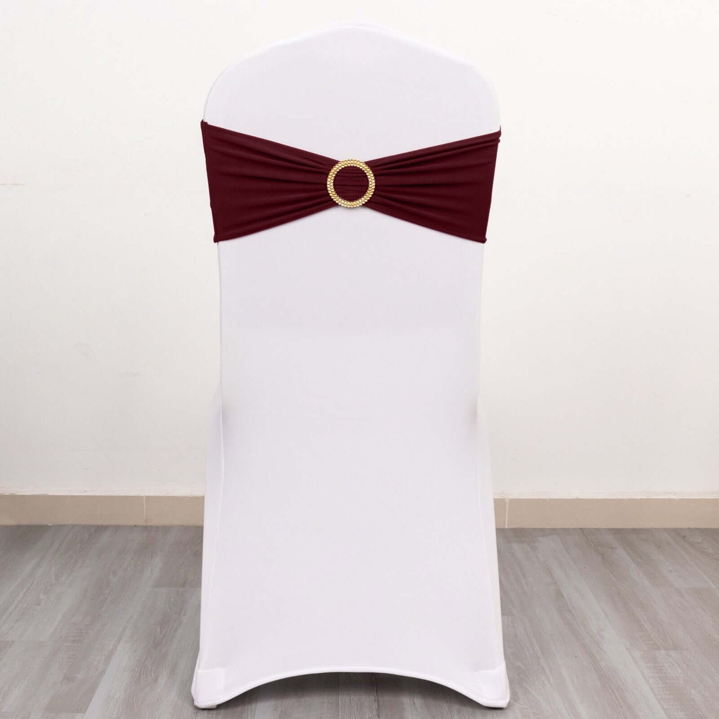 5 Pack Spandex Chair Sashes Burgundy with Gold Rhinestone Buckles - Reusable Four-Way Stretch Sash Bands 5"x14"