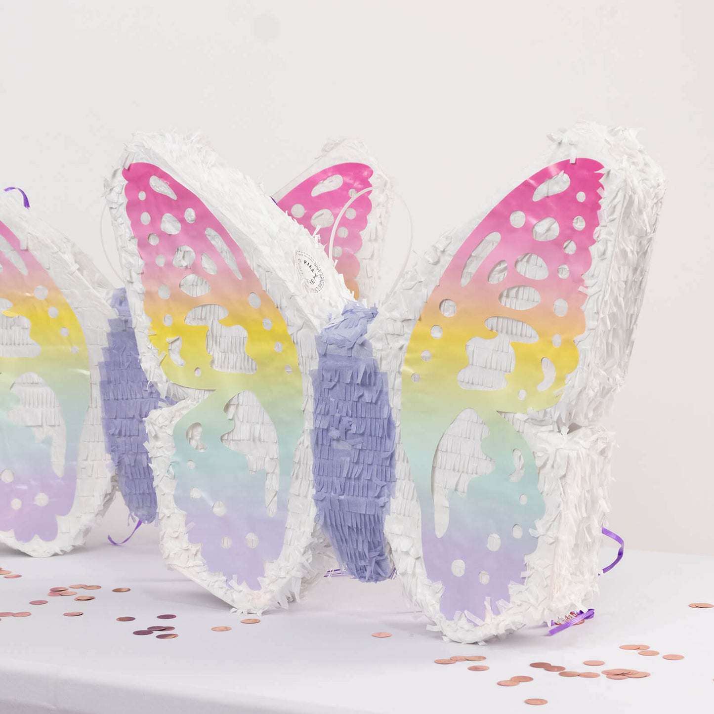 Expandable White Lilac Paper Butterfly Pinata Hanging Decor with Pastel Colored Wings, Fairy Themed Birthday Party Pinata - 23"x19"