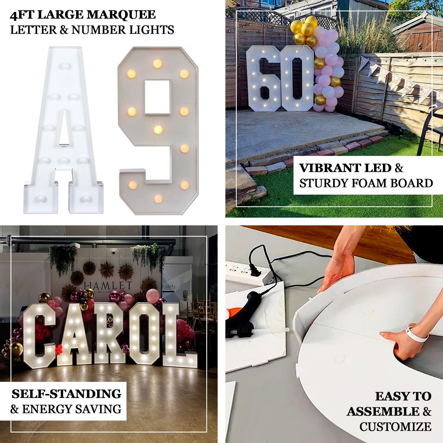 Giant LED Marquee Light Up Letter "B", White 4ft Pre-Cut Foam Board with 10 Warm White Battery Operated LEDs, Glue Gun and Sticks