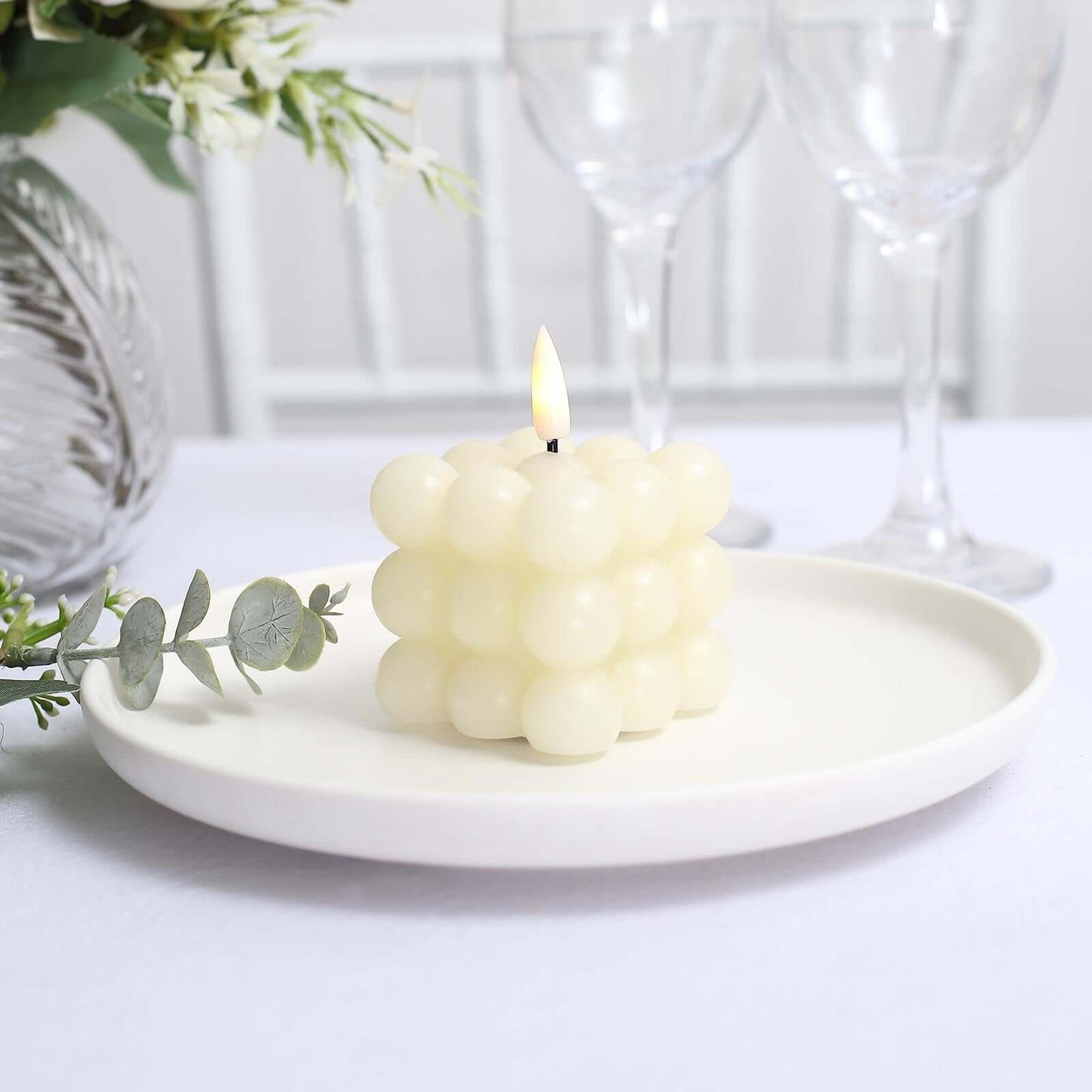 2-Pack LED Flameless Cube Candles Flickering Warm White Ivory - Battery Operated Bubble Design 2"