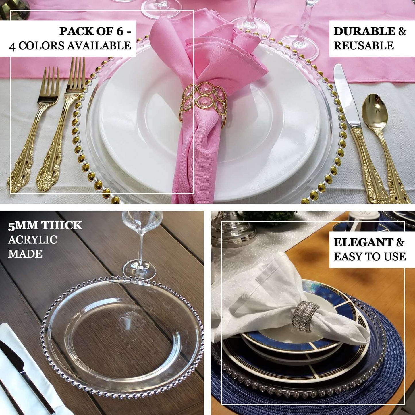 6-Pack Acrylic Round Charger Plates 13" in Silver with Beaded Rim, Decorative Dinner Party Charger Tableware