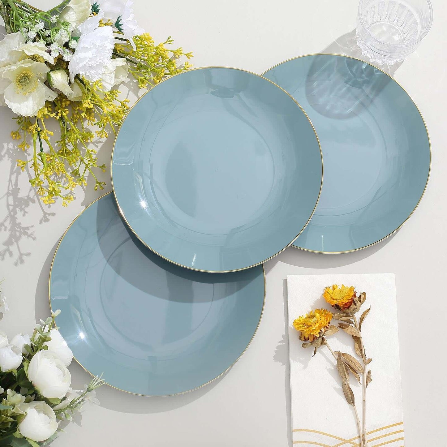 10-Pack Plastic 8" Round Dessert Plates in Dusty Blue with Gold Rim - Glossy Disposable Appetizer Salad Plates