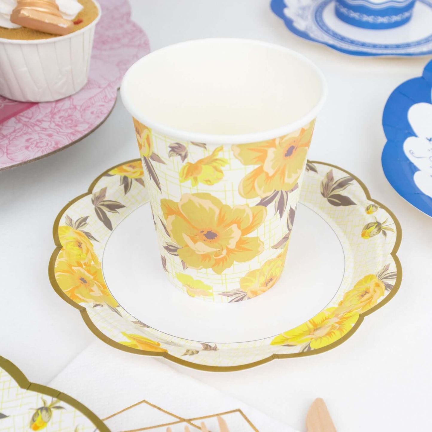 24-Pack Paper Cup and Saucer Set in Mixed Vintage Floral Print - Disposable Tea Party Supplies Kit for Baby Showers & Birthdays