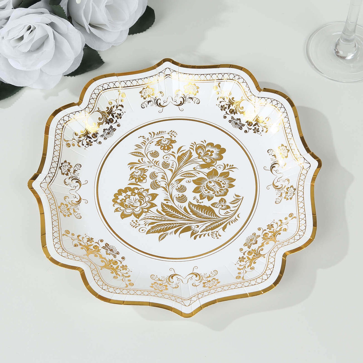 25-Pack Paper Dessert Plates in White with Gold Damask Floral Print & Scallop Rim - Stylish Disposable 300GSM Floral Salad Appetizer Plates for Weddings & Events 8"
