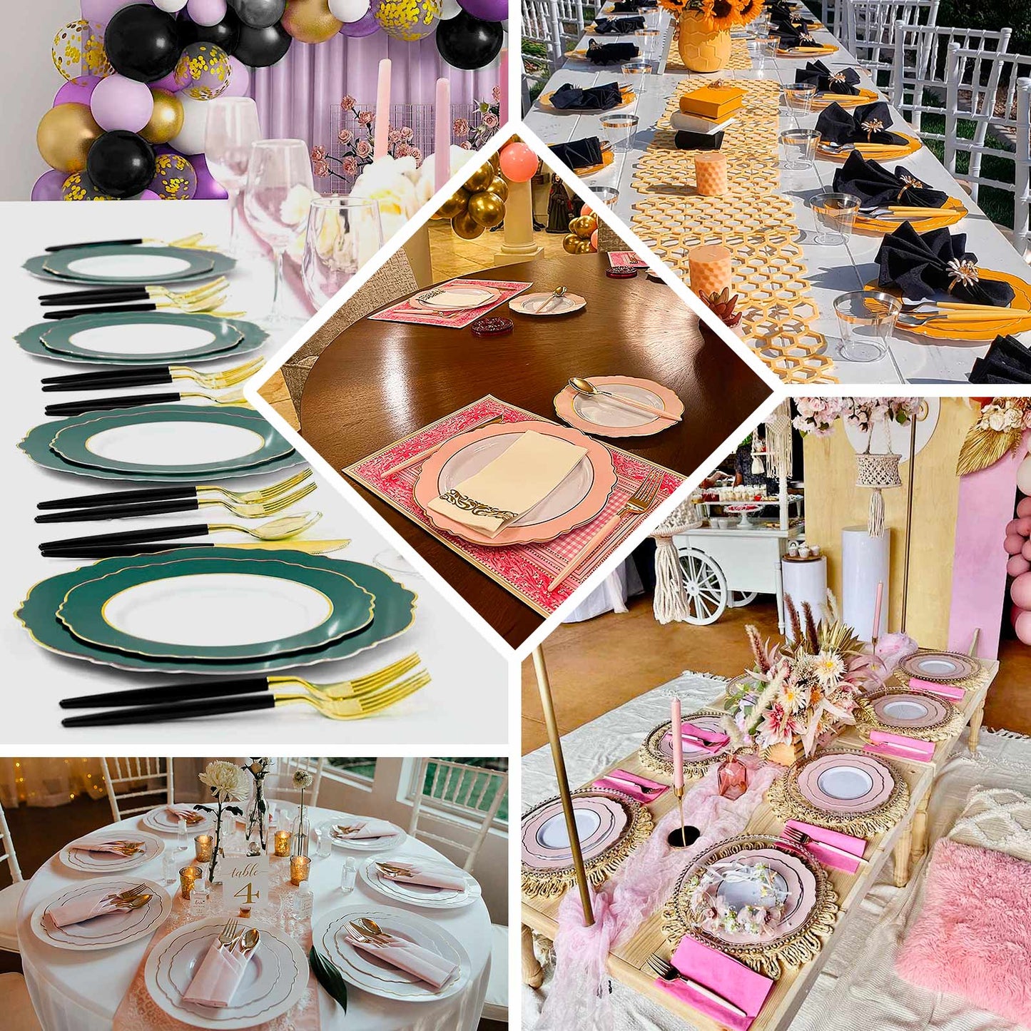 10-Pack Plastic 10" Round Dinner Plates in White with Hunter Emerald Green Blossom Design & Gold Edging - Disposable Party Plates