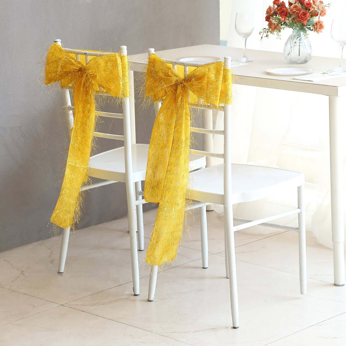 5 Pack Polyester Chair Sashes Gold Metallic Tinsel Fringe - Easy to Use Sparkly Chair Bows 6"x108"