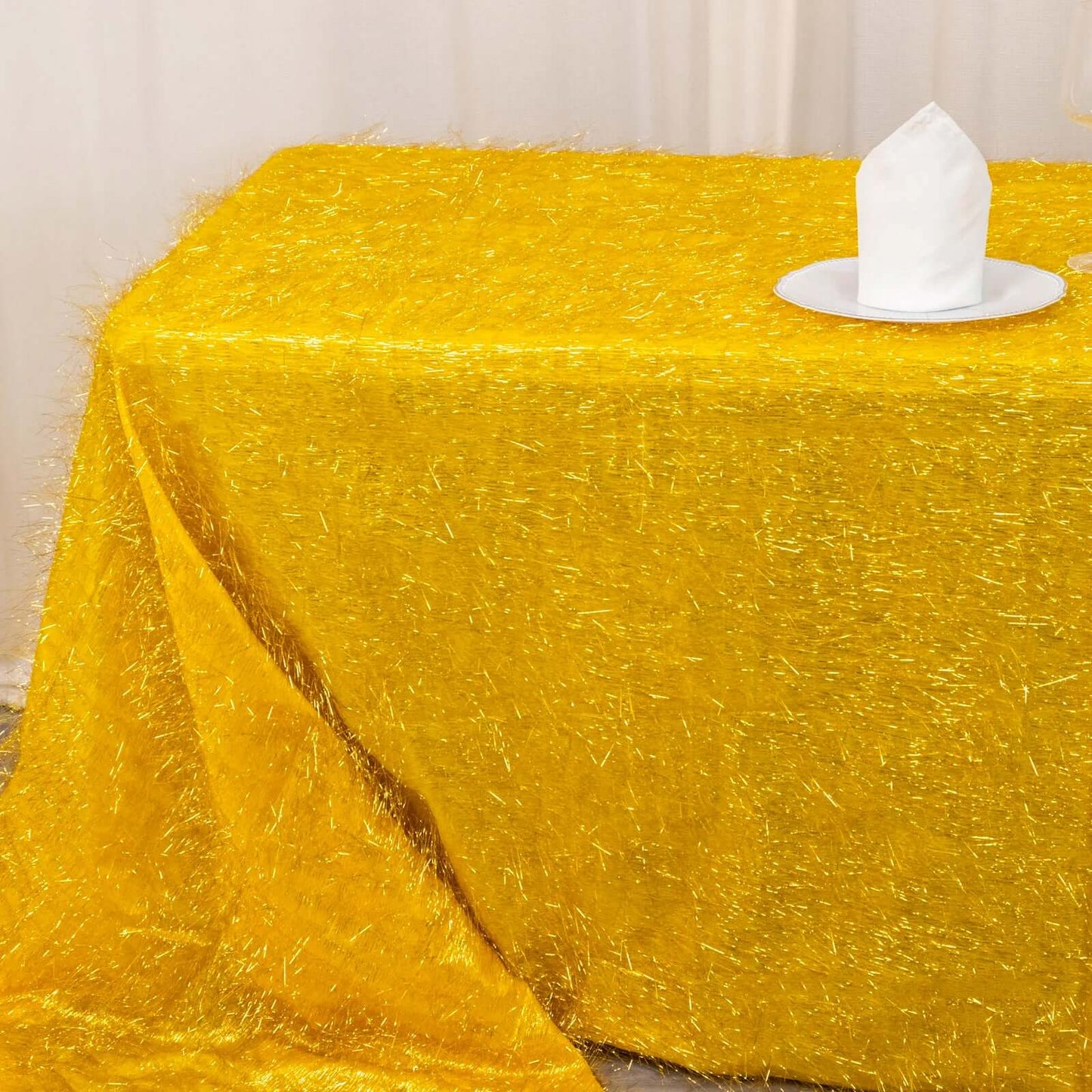 Polyester 90"x156" Rectangle Tablecloth Gold Metallic Fringe Shag Tinsel Design Table Cover for Events Decor