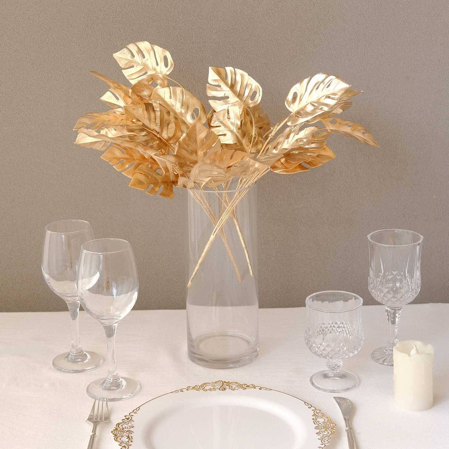 4-Pack Artificial Monstera Leaves Bushes Metallic Gold - Themed Weddings Parties & Events 14"