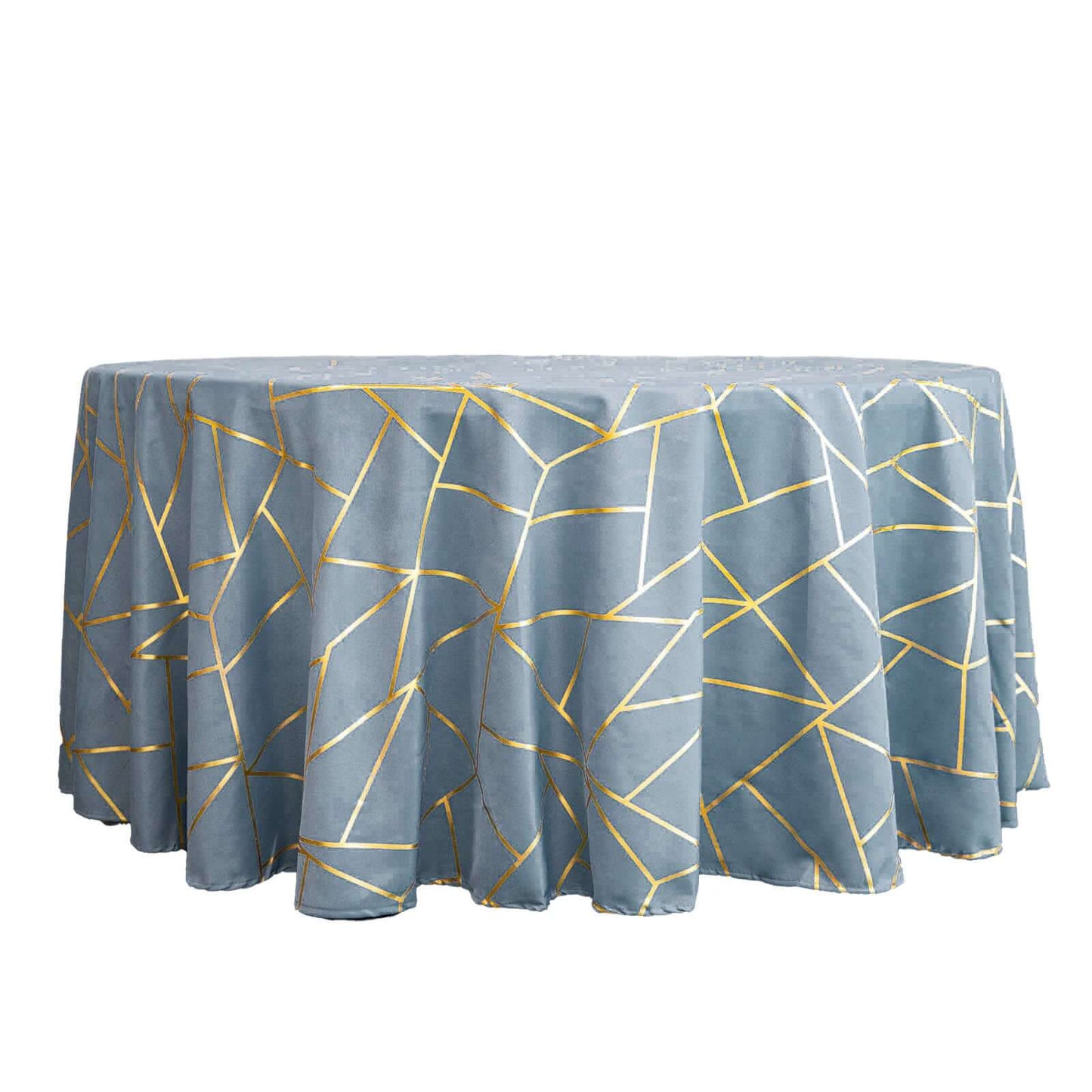 Polyester 120" Round Tablecloth Dusty Blue with Gold Foil Geometric Pattern Wrinkle-Resistant Seamless Table Cover