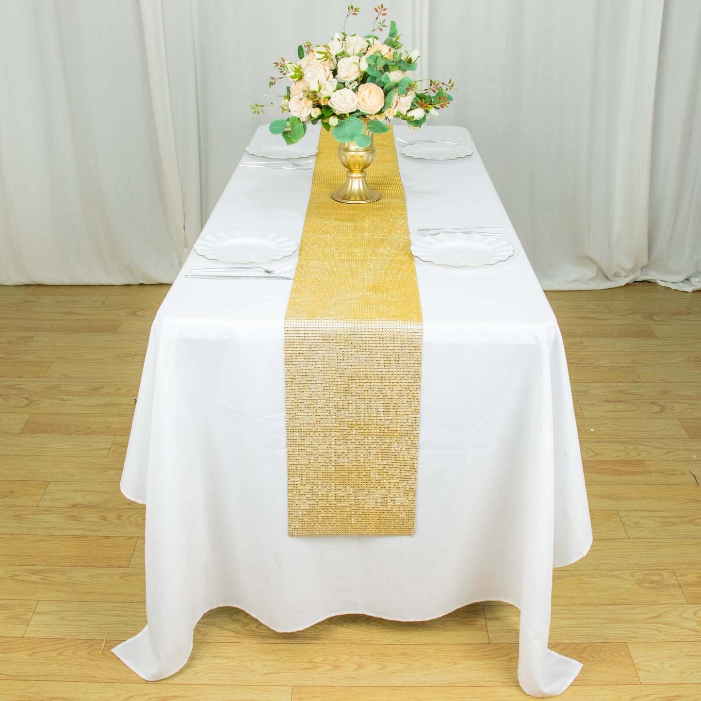 Crystal Rhinestone 10"x108" Table Runner Gold - Luxe Shiny Diamond Mesh Bling Table Runner Roll