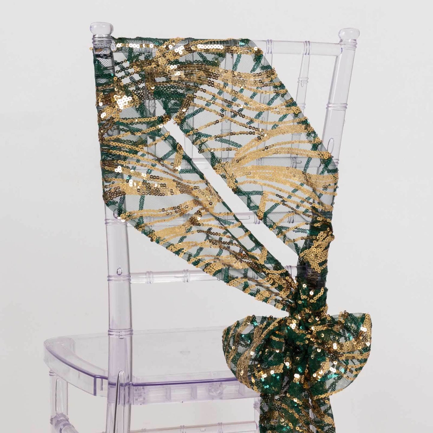 5 Pack Chair Sashes with Wave Embroidered Sequins Hunter Emerald Green/Gold 6"x88"