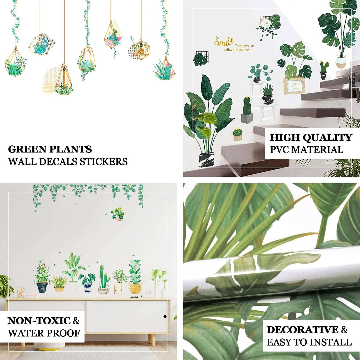 Green Tropical Potted Plants Planters with Hanging Leaves Wall Decals, Peel and Stick Decor Stickers