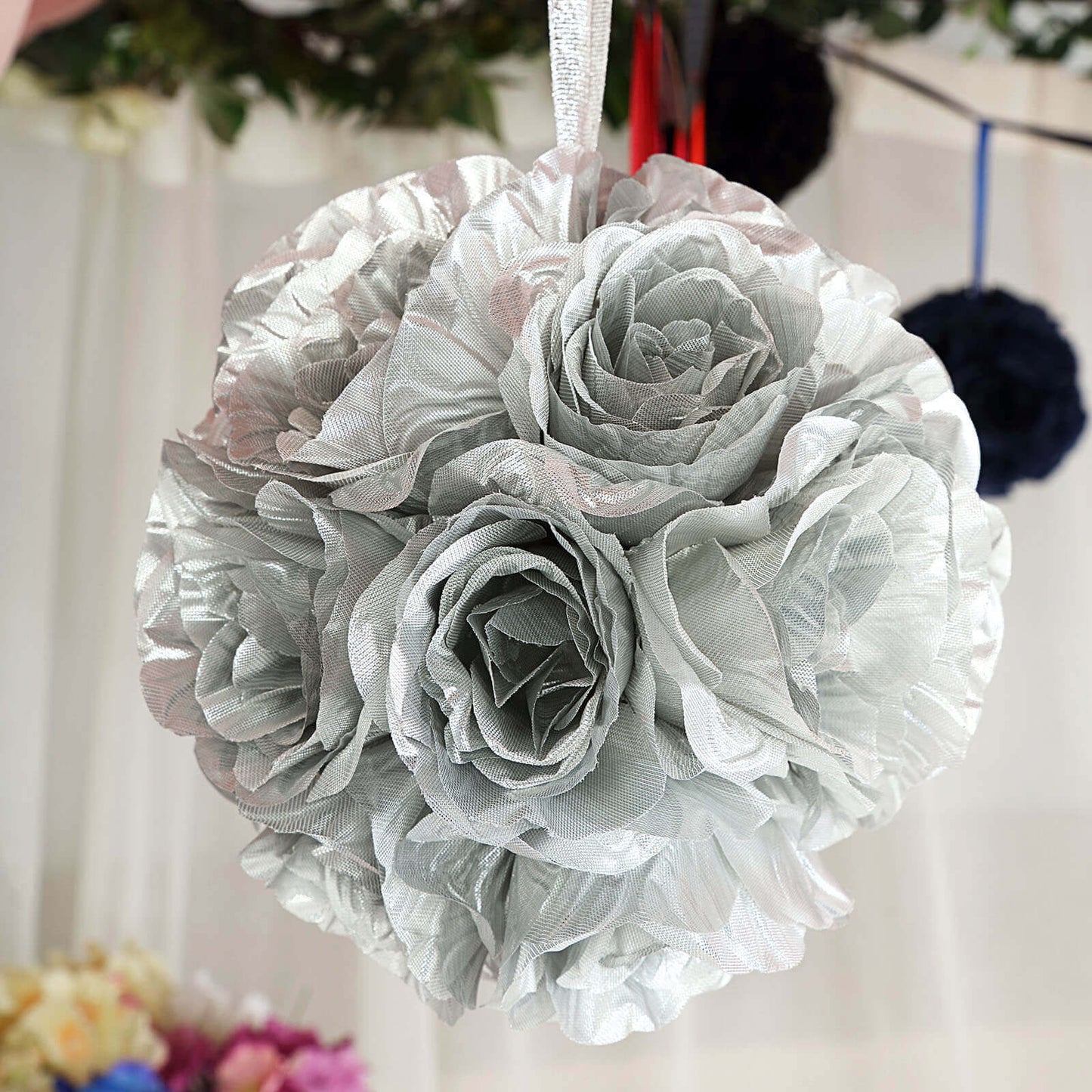 2 Pack 7" Silver Artificial Silk Rose Kissing Ball, Faux Flower Ball