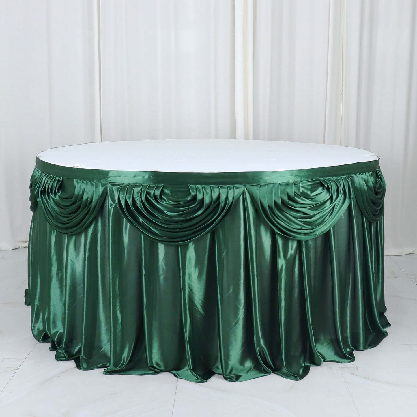 Satin 14ft Table Skirt Hunter Emerald Green - Pleated Double Drape Table Cover