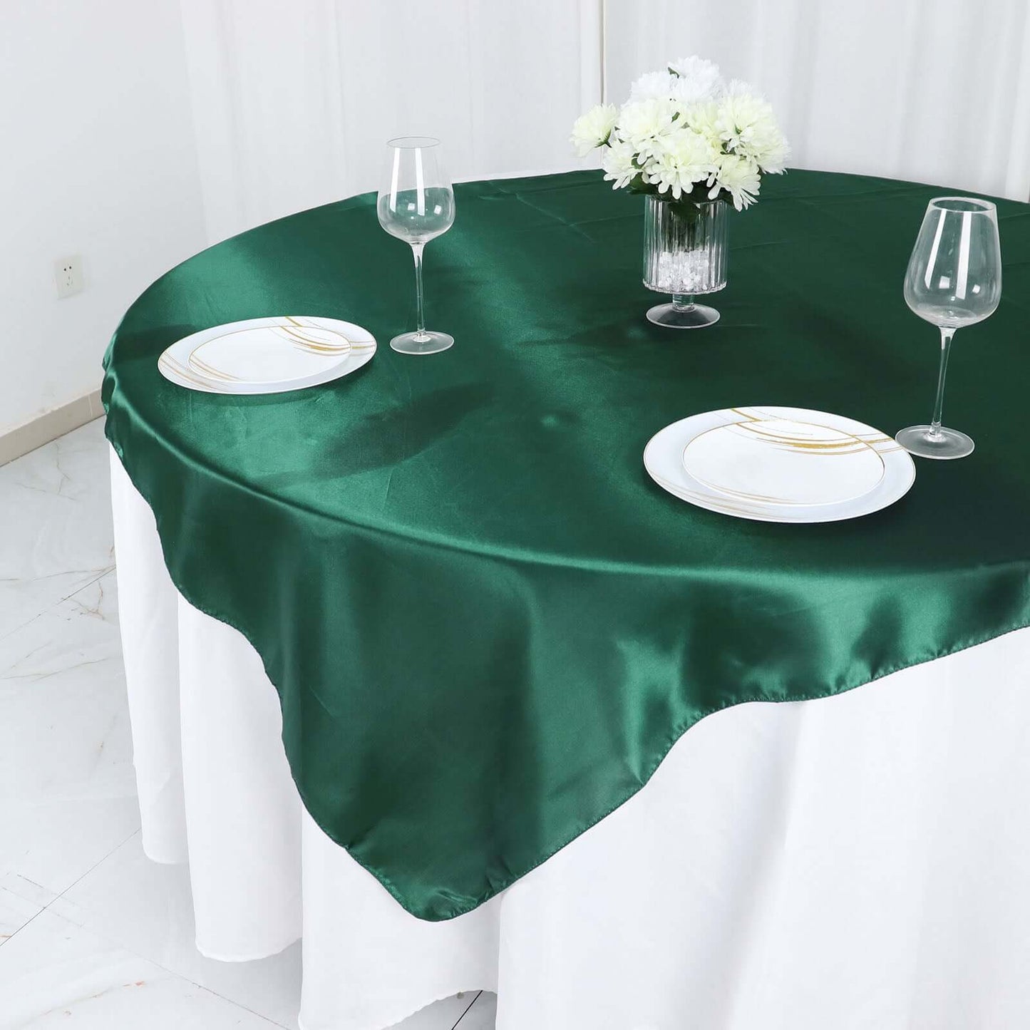 Satin 60"x60" Table Overlay Square Tablecloth Hunter Emerald Green - Smooth Silky Touch Table Cover