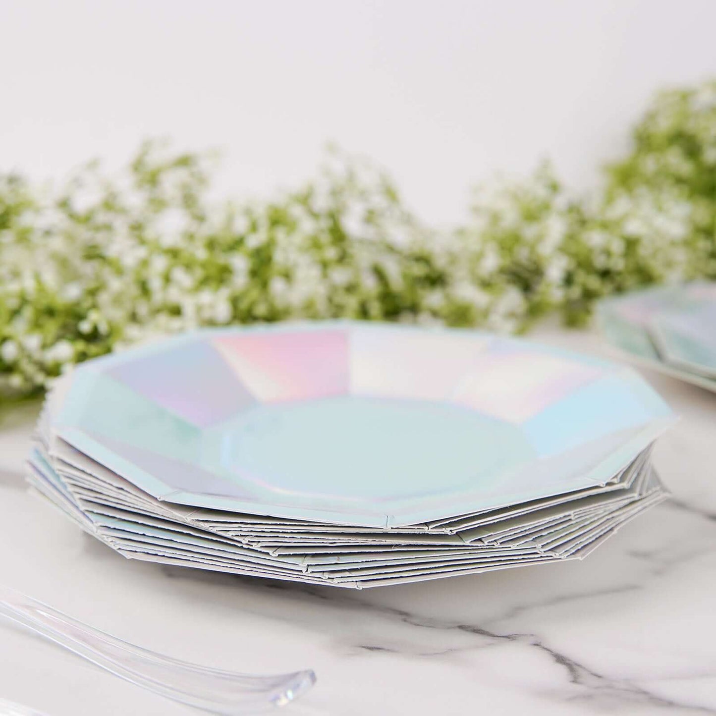 25-Pack Paper 7.5" Decagon Dessert Plates in Iridescent - Disposable Holographic Salad Plates for Starry Night & Fairytale Parties